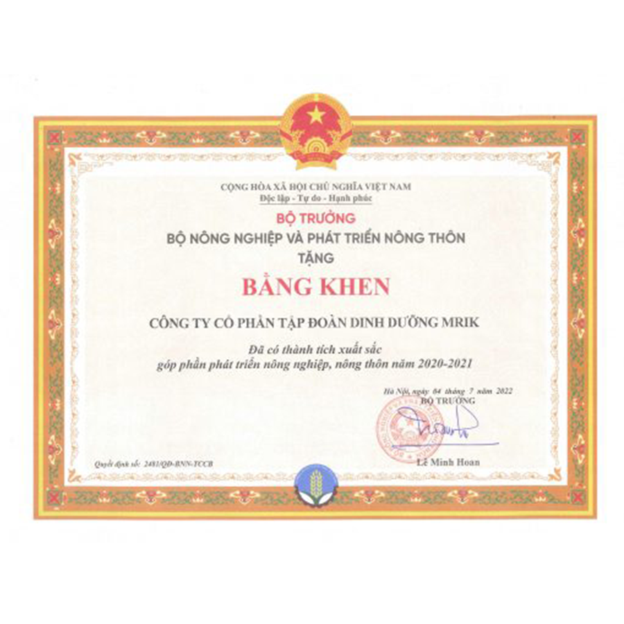 BẰNG KHEN BỘ NÔNG NGHIỆP VÀ PHÁT TRIỂN NÔNG THÔN